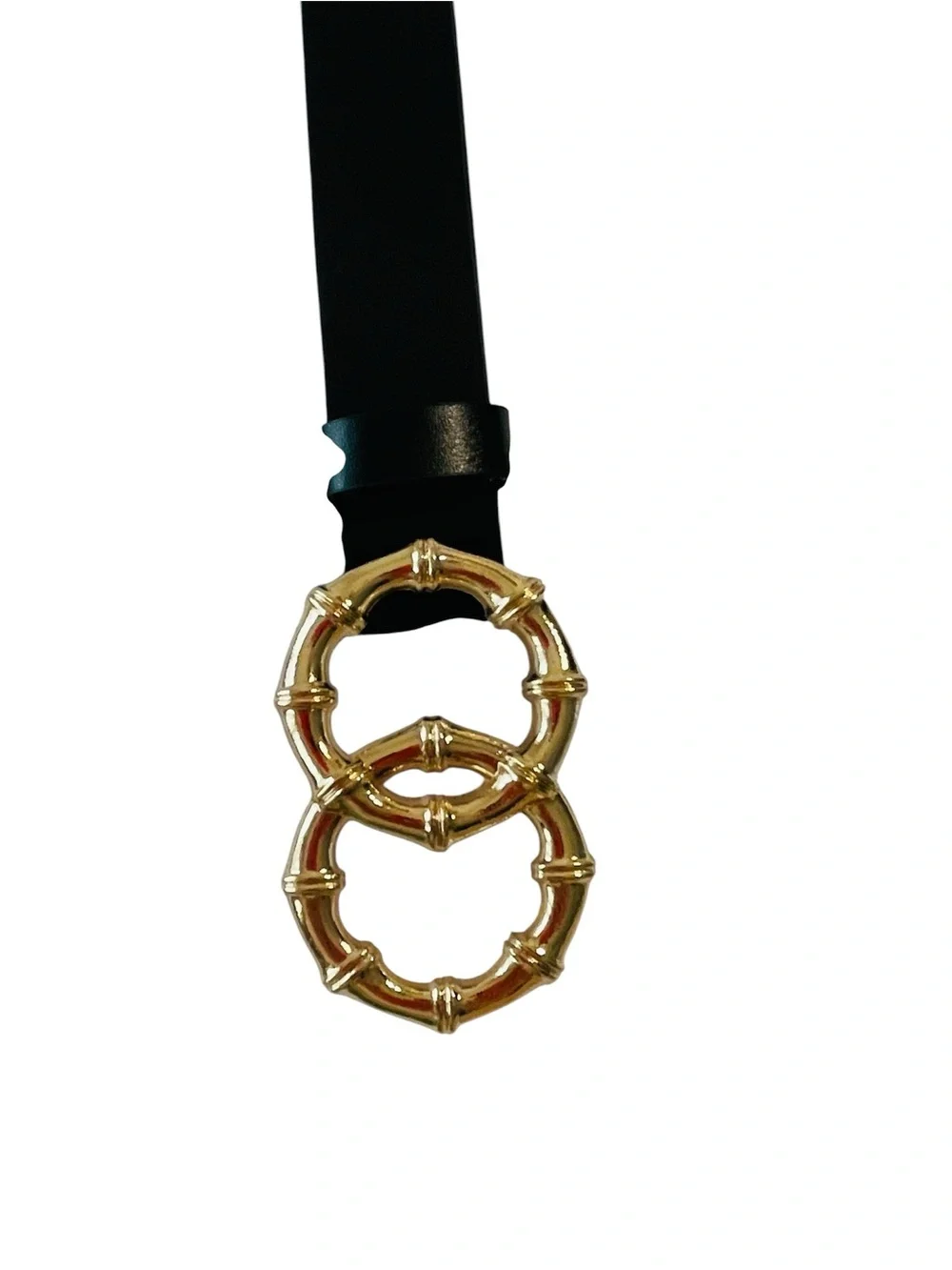 Vince Camuto Black Leather Belt with Gold Double Ring Bamboo Buckle